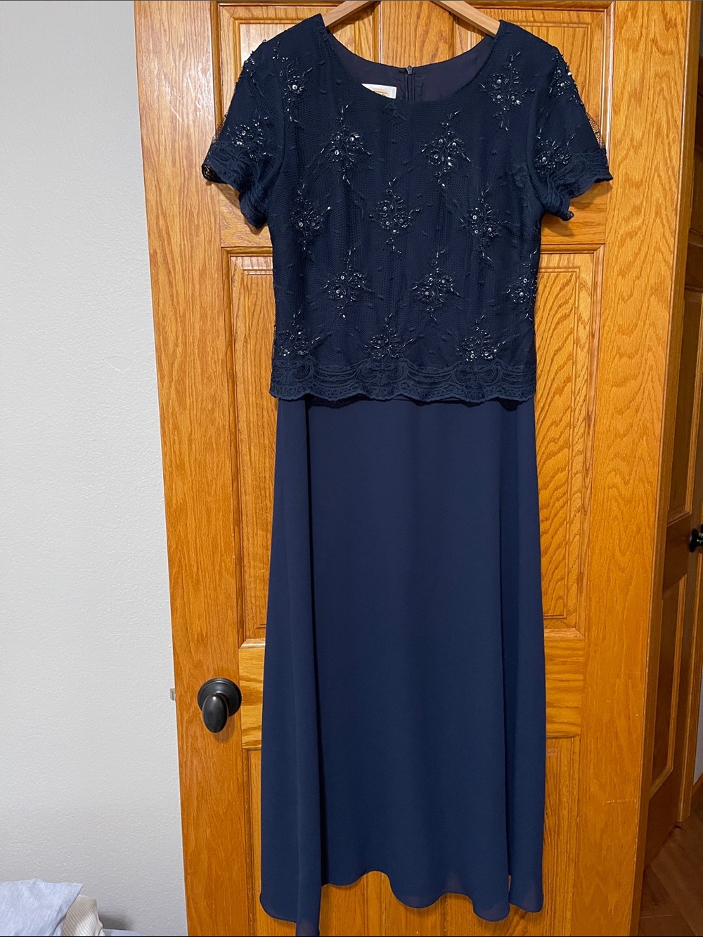 Talbots Navy Beaded Lace Short-Sleeve Formal Dress
